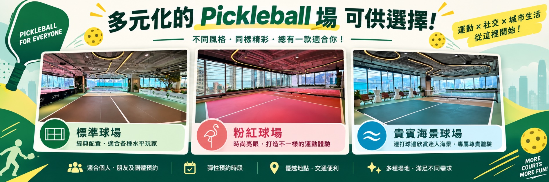 Picklelands 擁有多元化的 Pickleball 場地可供選用，包括標準球場、粉紅球場和貴賓海景球場等! @ Pickleball Class - 香港匹克球訓練班平台